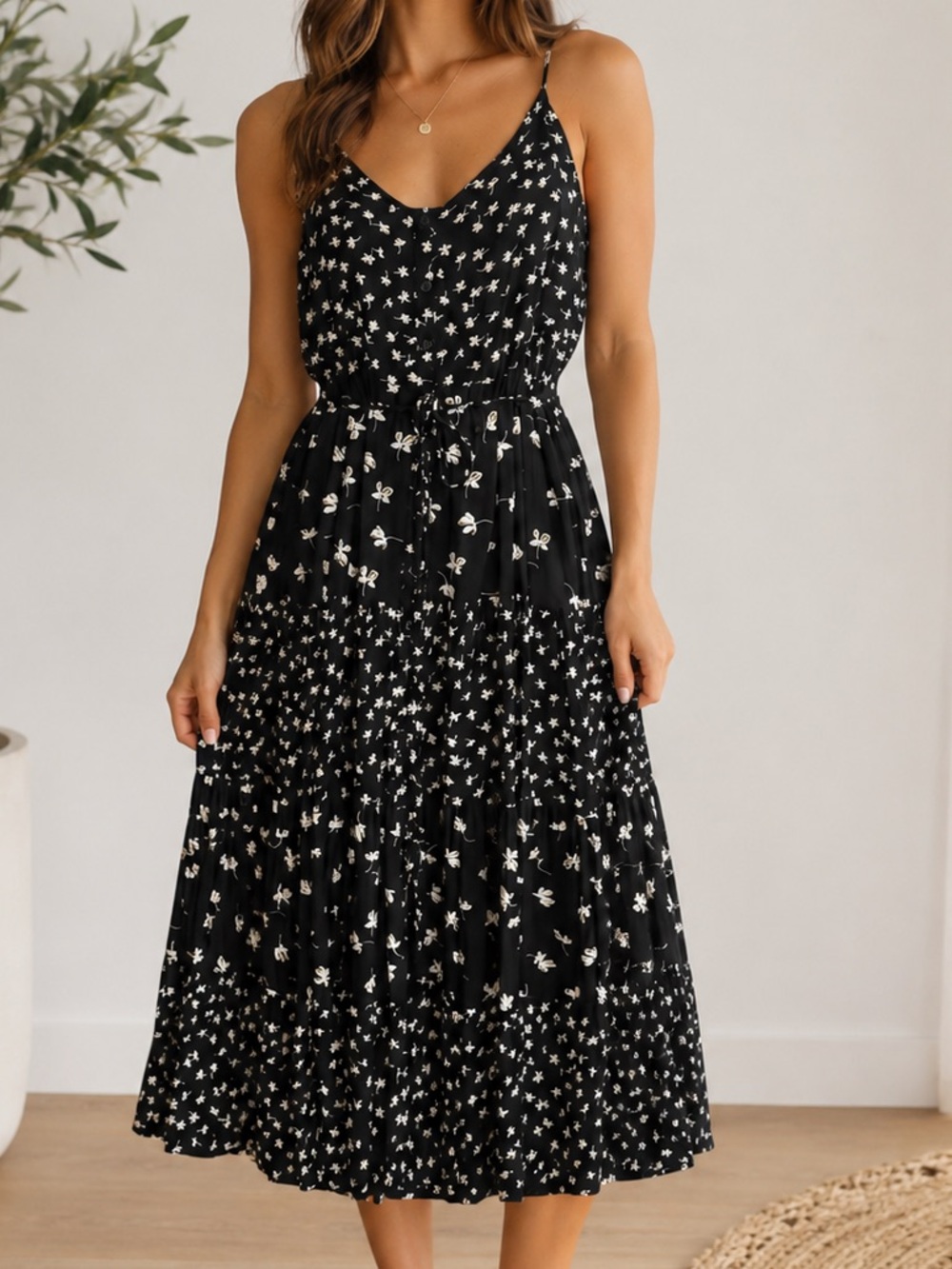 Patrons of Peace Black Floral Tiered Midi Dress Button Front Rayon Size Large